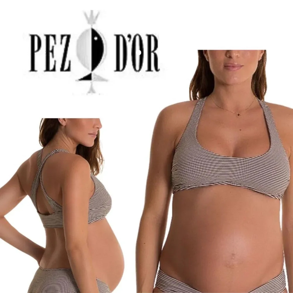 NWOT, Pez D’Or,‎ Olivia Maternity Metallic Striped Bikini Top, Gold, Black White